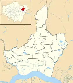 Mapa konturowa gminy Barking and Dagenham, po prawej znajduje się punkt z opisem „Victoria Road”