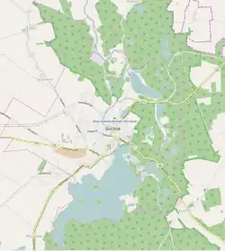 Mapa konturowa Barlinka, w centrum znajduje się punkt z opisem „Muzeum Regionalne w Barlinku”