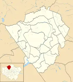 Mapa konturowa gminy Barnet, po lewej znajduje się punkt z opisem „Edgware”