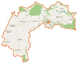 Mapa konturowa gminy Bartniczka, po lewej znajduje się punkt z opisem „Sokołowo”