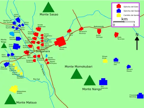 Ustawienie wojsk przed bitwą (na czerwono armia „wschodnia”, niebiesko – „zachodnia”, żółto – oddziały, które zmieniły strony