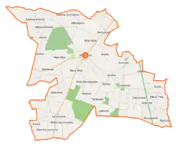 Mapa konturowa gminy Belsk Duży, u góry nieco na lewo znajduje się punkt z opisem „Modrzewina”