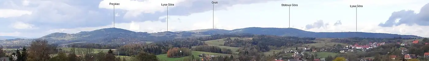 Panorama widokowa z Jordanowa na masyw Stołowej Góry i Łysej Góry