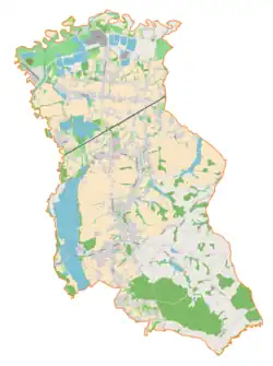 Mapa konturowa gminy Bestwina, na dole po prawej znajduje się punkt z opisem „Parafia Świętego Józefa Robotnika”