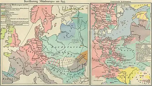 Niemieckie mapy XIX wieczne porównujące używany język między 895 rokiem i 1400 rokiem w Europie, ukazując ekspansje niemczyzny na wschód między tymi latami (Velhagen & Klasing publ., Bielefeld and Leipzig 1893)