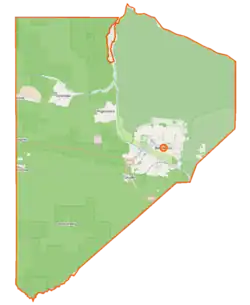 Mapa konturowa gminy Białowieża, u góry nieco na lewo znajduje się punkt z opisem „Pogorzelce”