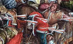 Flaga biało-czerwono-biała na obrazie Bitwa pod Orszą z XVI wieku (fragment obrazu)