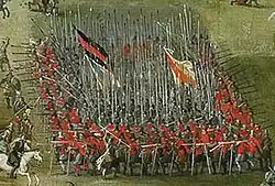 Biało-czerwono-biała flaga używana przez jazdę podczas bitwy pod Kircholmem (fragment obrazu)