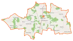 Mapa konturowa gminy Bielany, blisko centrum u góry znajduje się punkt z opisem „Kudelczyn”