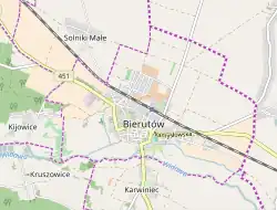 Mapa konturowa Bierutowa, po lewej znajduje się punkt z opisem „Cmentarz żydowski w Kijowicach (Bierutowie)”