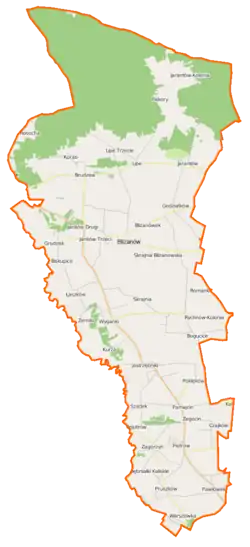 Mapa konturowa gminy Blizanów, u góry znajduje się punkt z opisem „Lipe”