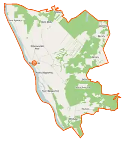 Mapa konturowa gminy Bobrowniki, na dole nieco na prawo znajduje się punkt z opisem „Rachcin”