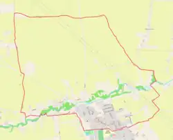 Mapa konturowa Bodzanowa, na dole znajduje się punkt z opisem „Parafia Wniebowzięcia Najświętszej Maryi Panny”