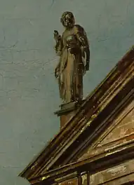 figura Boga Ojca na szczycie kościoła ss. brygidek w Warszawie - powiększenie. Bernardo Bellotto zwany Canaletto – Kościół Brygidek i Arsenał w Warszawie (fragment), 1778