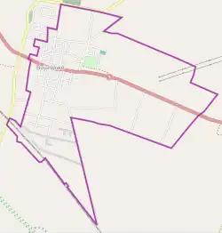 Mapa konturowa Bojanowa, u góry po lewej znajduje się punkt z opisem „Parafia pw. Najświętszego Serca Jezusa w Bojanowie”