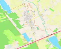 Mapa konturowa Bolimowa, blisko centrum u góry znajduje się punkt z opisem „Parafia Świętej Trójcy”