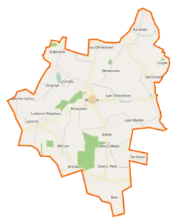 Mapa konturowa gminy Boniewo, po prawej nieco na dole znajduje się punkt z opisem „Sarnowo”