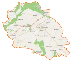 Mapa konturowa gminy Borek Wielkopolski, w centrum znajduje się punkt z opisem „Strumiany”