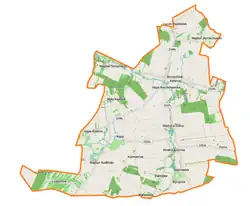 Mapa konturowa gminy Borzechów, u góry po prawej znajduje się punkt z opisem „Majdan Borzechowski”