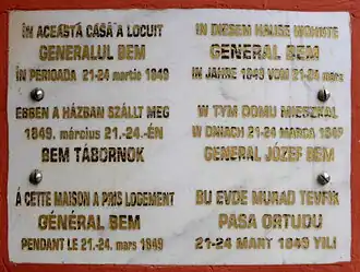 Tablica upamiętniająca pobyt Bema w Braszowie