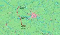 Mapa przebiegu linii kolejowej 6542 (Treuenbrietzen–Brandenburg), 6512 (Brandenburg–Neustadt (Dosse))