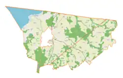 Mapa konturowa gminy wiejskiej Braniewo, po lewej nieco na dole znajduje się punkt z opisem „Garbina”