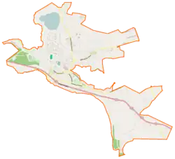 Mapa konturowa Brasława, w centrum znajduje się punkt z opisem „Cerkiew Zaśnięcia Matki Bożej”