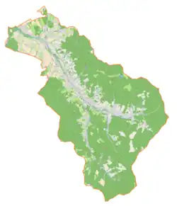 Mapa konturowa gminy Brenna, na dole znajduje się punkt z opisem „Zakrzasek”