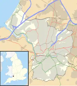 Mapa konturowa Bristolu, blisko centrum u góry znajduje się punkt z opisem „Henleaze”