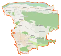 Mapa konturowa gminy Brochów, blisko dolnej krawiędzi nieco na lewo znajduje się punkt z opisem „Plecewice”