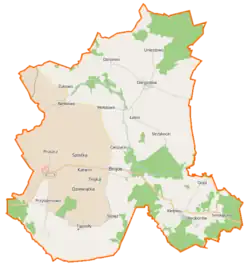 Mapa konturowa gminy Brojce, blisko centrum na dole znajduje się punkt z opisem „Brojce”