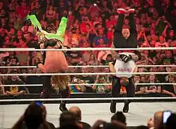 Podówjny Tombstone piledriver wykonywany przez tag team.