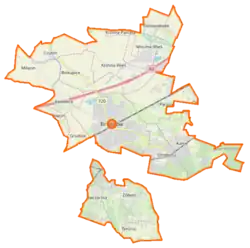 Mapa konturowa gminy Brwinów, u góry po lewej znajduje się punkt z opisem „Czubin”