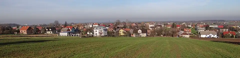 Widok spod cmentarza na wieś Brzezie