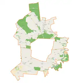 Mapa konturowa gminy wiejskiej Brzeziny, na dole po prawej znajduje się punkt z opisem „Stare Koluszki”