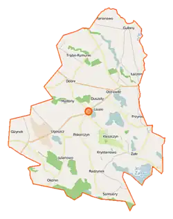 Mapa konturowa gminy Brzuze, u góry po prawej znajduje się punkt z opisem „Gulbiny”