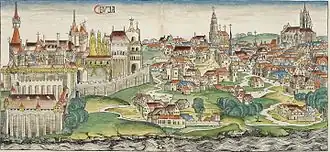 Rysunek. Panorama Budy. Na pierwszym planie płynie Dunaj. Po lewej miasto nad którym górują kościoły z wysokimi wieżami zwieńczonymi krzyżem. zamek ogrodzony wysokim murem.