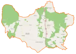 Mapa konturowa gminy Budzyń, po prawej nieco na dole znajduje się punkt z opisem „Brzekiniec”