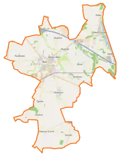 Mapa konturowa gminy Buk, blisko lewej krawiędzi nieco u góry znajduje się punkt z opisem „Wiktorowo”