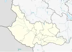 Mapa konturowa obwodu Kiustendił, w centrum znajduje się punkt z opisem „Katriszte”