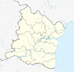 Mapa konturowa obwodu Warna, blisko centrum u góry znajduje się punkt z opisem „Suworowo”