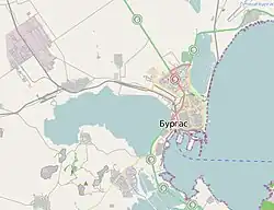 Mapa konturowa Burgas, blisko centrum po prawej na dole znajduje się punkt z opisem „Stadion Czernomorec”