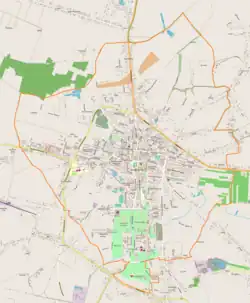 Mapa konturowa Buska-Zdroju, w centrum znajduje się punkt z opisem „Stacja Linii Radiowych Busko-Zdrój”