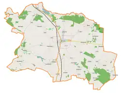 Mapa konturowa gminy Byczyna, po lewej nieco na dole znajduje się punkt z opisem „Jakubowice”