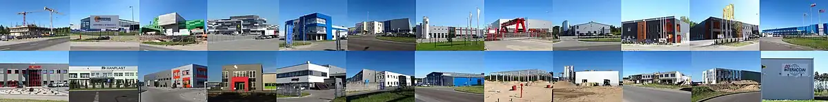 Bydgoski Park Przemysłowo-Technologiczny – kolaż zdjęć wybranych przedsiębiorstw. W wierszu górnym: Idea Przestrzeń Biznesu (inkubator przedsiębiorczości), Metalcynk, spalarnia odpadów Pro Natura, centrum dystrybucyjne Lidla, Pixel, Metalko, Neupack, Metalbark, Mac-Graf, K-Ex, Kolporter, SPX. W wierszu dolnym: Holkap, Hanplast, Cimat, Lifocolor, Bims Plus, Befana, Genderka, Doka, Baumat, Berthold Sichert, Airon, DSS Interacciai