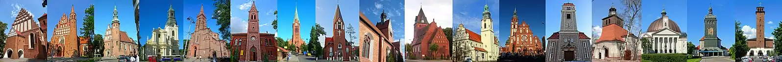 Kolaż kościołów bydgoskich wzniesionych przed 1939 rokiem, wpisanych do rejestru zabytków, kolejność według dat budowy od 1466 do 1936 roku