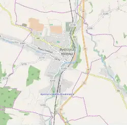 Mapa konturowa Bystrzycy Kłodzkiej, na dole znajduje się punkt z opisem „Bystrzyca Kłodzka Przedmieście”