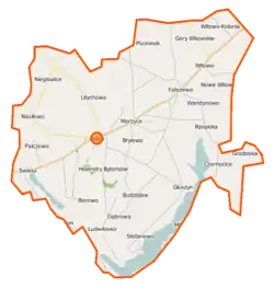 Mapa konturowa gminy Bytoń, blisko centrum na prawo u góry znajduje się punkt z opisem „Faliszewo”