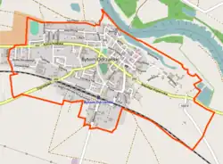 Mapa konturowa Bytomia Odrzańskiego, w centrum znajduje się punkt z opisem „Parafia pw. św. Hieronima w Bytomiu Odrzańskim”