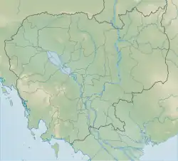 Mapa konturowa Kambodży, po lewej nieco u góry znajduje się punkt z opisem „miejsce bitwy”